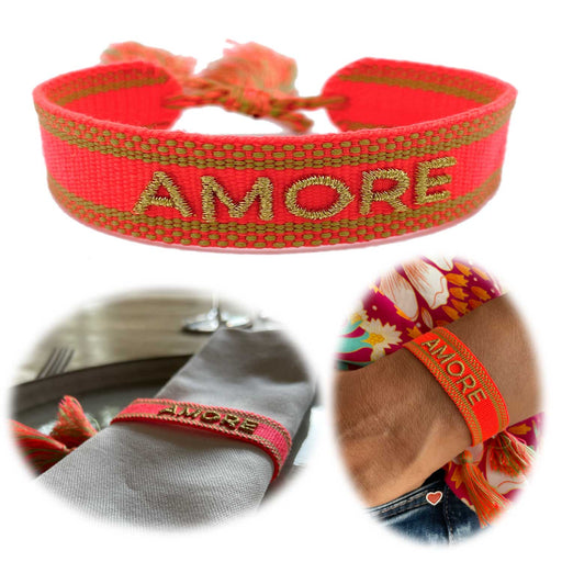 KI-generiertes Bild Canvas Statement Armband Amore ❤️ Neon Gold Quasten besticktes Webarmband