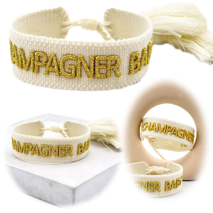 KI-generiertes Bild Canvas Statement Armband Champagner Baby Quasten besticktes Webarmband