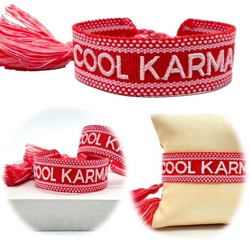 KI-generiertes Bild Canvas Statement Armband Cool Karma Rot Quasten besticktes Webarmband