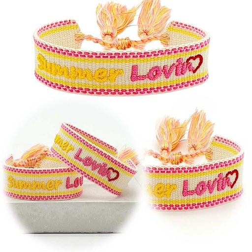 KI-generiertes Bild Canvas Statement Armband Summer Lovin Gelb Pink Quasten besticktes Webarmband