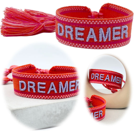 KI-generiertes Bild Canvas Statement Armband Dreamer Rot Grau Quasten besticktes Webarmband