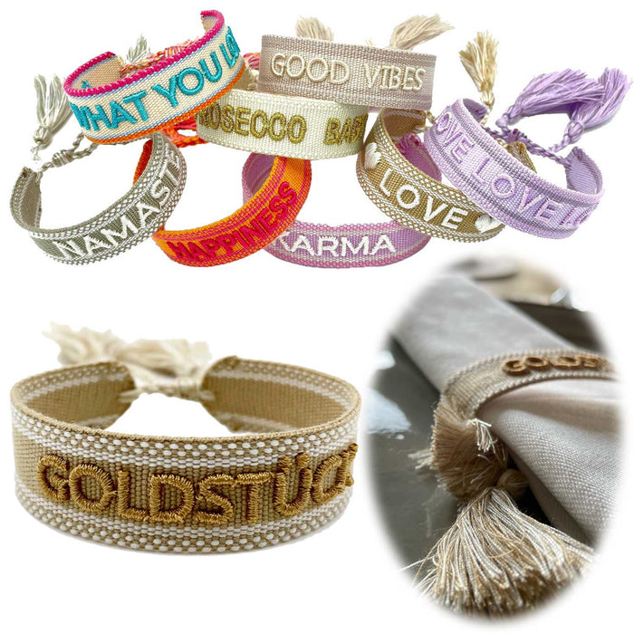 KI-generiertes Bild,Canvas Statement Armband Goldstück Quasten besticktes Webarmband