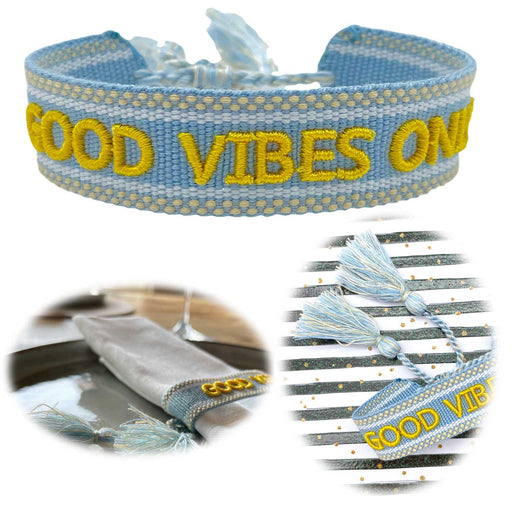KI-generiertes Bild Canvas Statement Armband Good Vibes Blau Quasten besticktes Webarmband