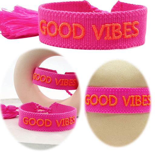 KI-generiertes Bild Canvas Statement Armband Good Vibes Neon Pink Orange Quasten besticktes Webarmband