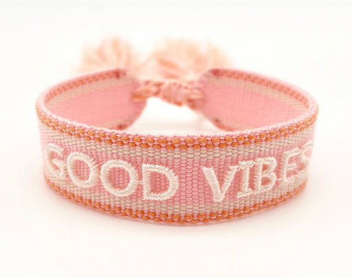 KI-generiertes Bild,Canvas Statement Armband Good Vibes Rosa Weiß Quasten besticktes Webarmband