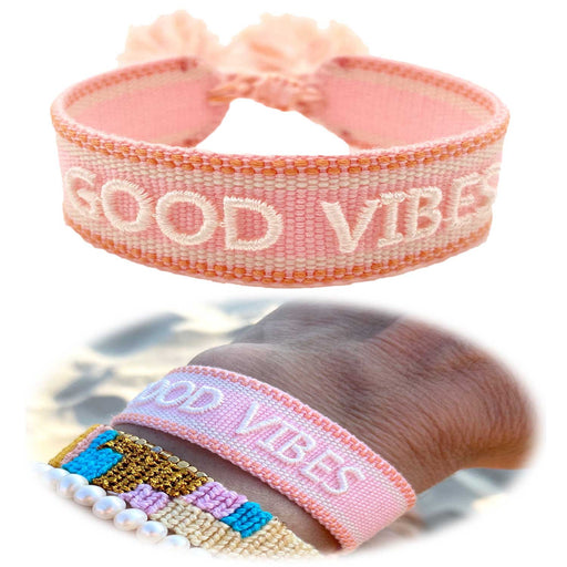 KI-generiertes Bild Canvas Statement Armband Good Vibes Rosa Weiß Quasten besticktes Webarmband