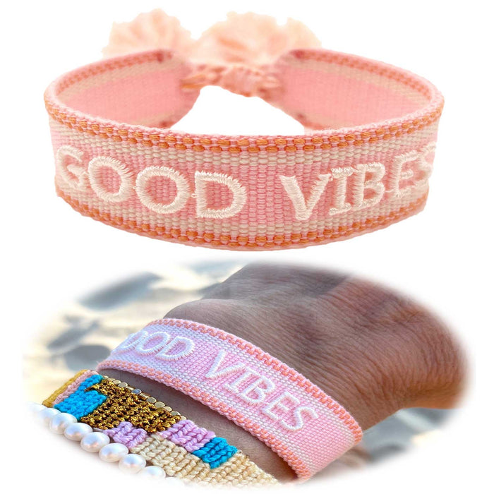 KI-generiertes Bild Canvas Statement Armband Good Vibes Rosa Weiß Quasten besticktes Webarmband