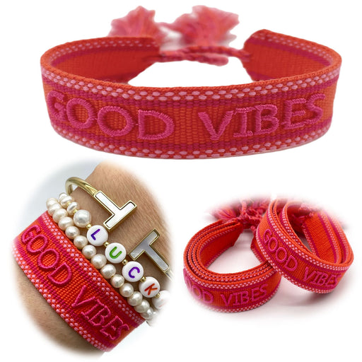 KI-generiertes Bild Canvas Statement Armband Good Vibes Rot Quasten besticktes Webarmband