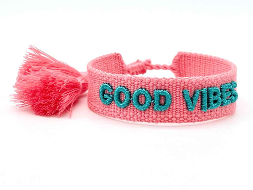 KI-generiertes Bild,Canvas Statement Armband Good Vibes Small Rosa Pink Türkis Quasten besticktes Webarmband