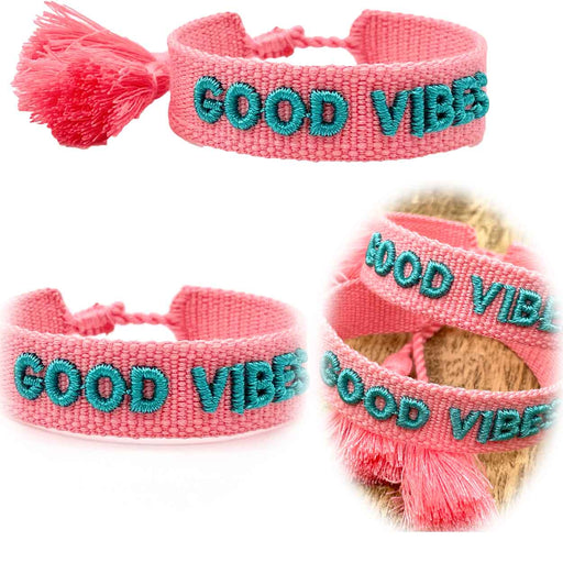 KI-generiertes Bild Canvas Statement Armband Good Vibes Small Rosa Pink Türkis Quasten besticktes Webarmband