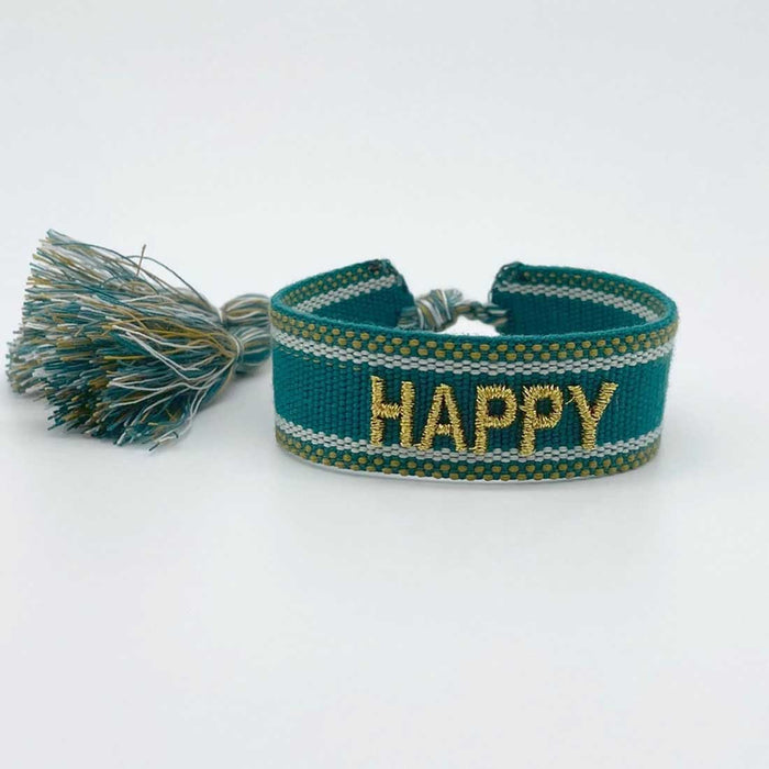 KI-generiertes Bild,Canvas Statement Armband Happy Petrol Grün Gold Quasten besticktes Webarmband