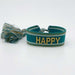KI-generiertes Bild,Canvas Statement Armband Happy Petrol Grün Gold Quasten besticktes Webarmband