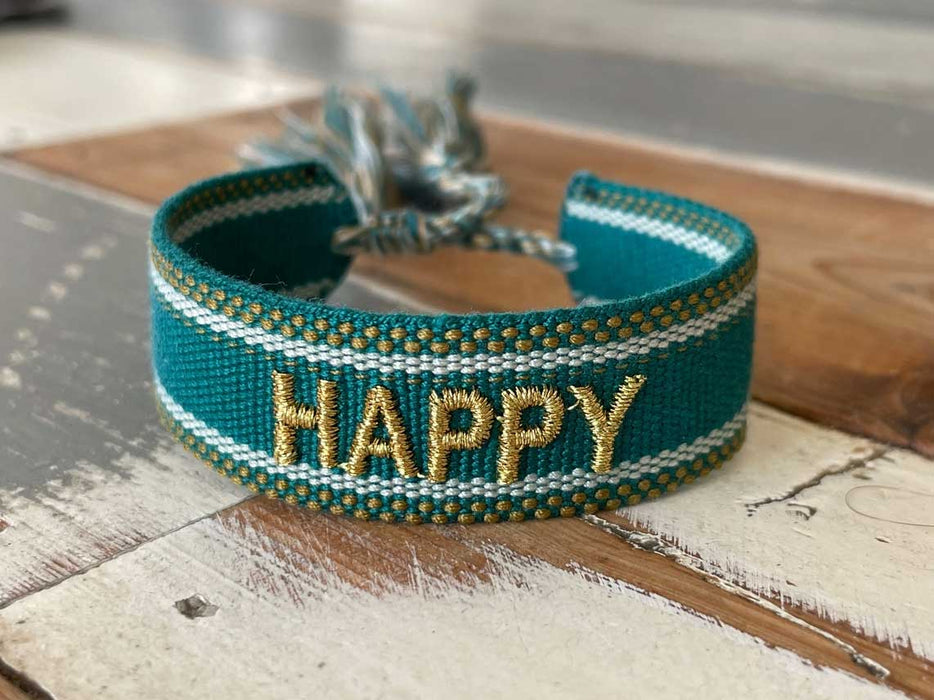 KI-generiertes Bild,Canvas Statement Armband Happy Petrol Grün Gold Quasten besticktes Webarmband