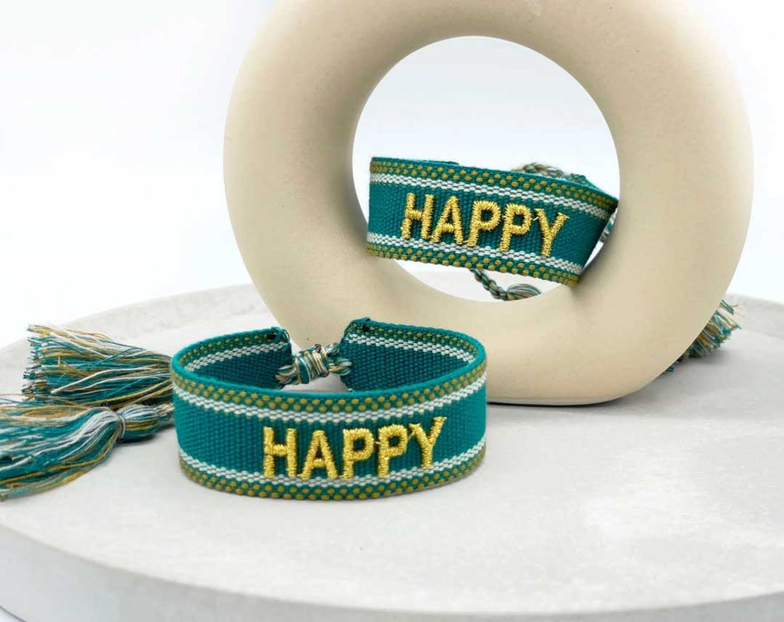KI-generiertes Bild,Canvas Statement Armband Happy Petrol Grün Gold Quasten besticktes Webarmband