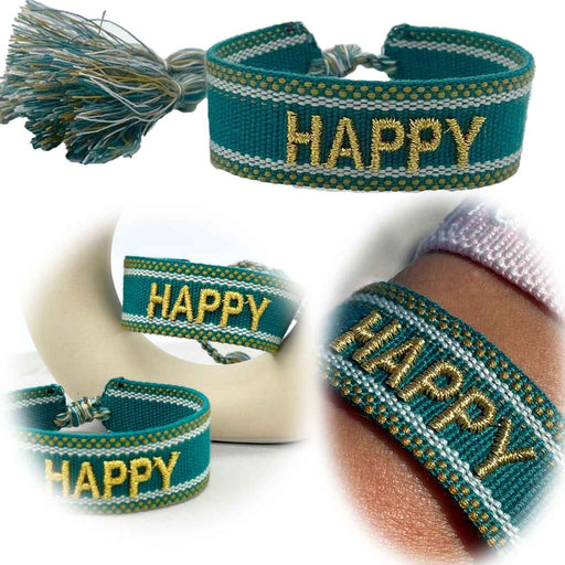 KI-generiertes Bild Canvas Statement Armband Happy Petrol Grün Gold Quasten besticktes Webarmband