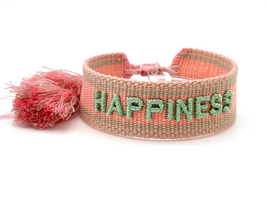 KI-generiertes Bild,Canvas Statement Armband Happiness Lachs Sage Grün Quasten besticktes Webarmband