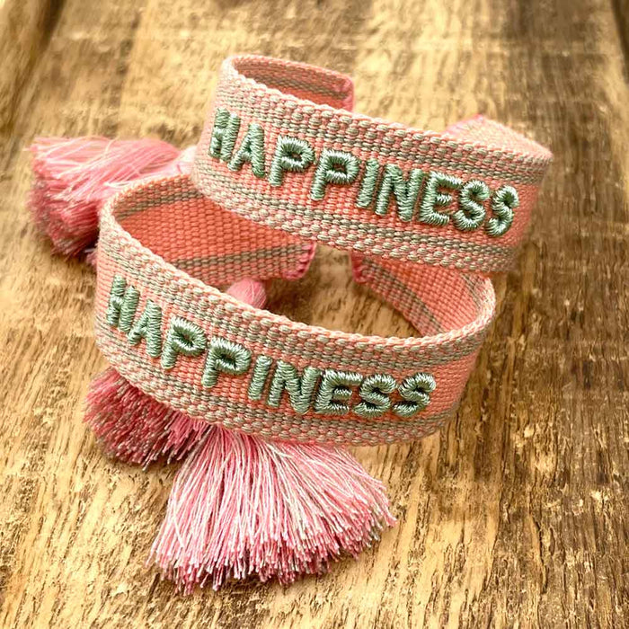 KI-generiertes Bild,Canvas Statement Armband Happiness Lachs Sage Grün Quasten besticktes Webarmband