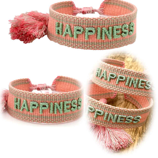 KI-generiertes Bild Canvas Statement Armband Happiness Lachs Sage Grün Quasten besticktes Webarmband