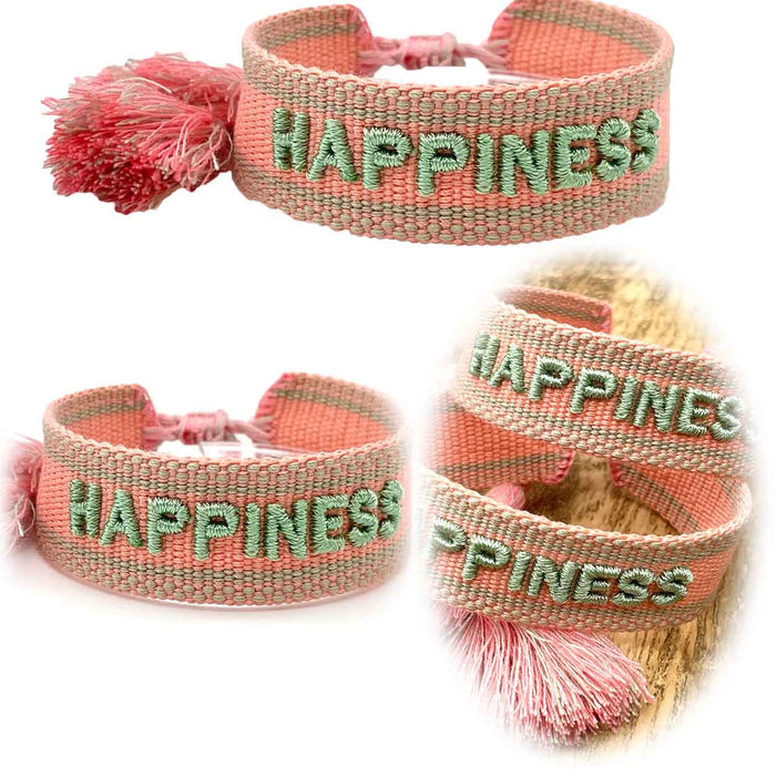 KI-generiertes Bild Canvas Statement Armband Happiness Lachs Sage Grün Quasten besticktes Webarmband