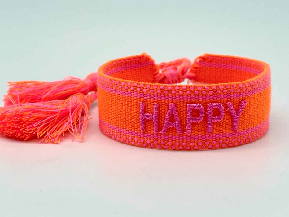 KI-generiertes Bild,Canvas Statement Armband Happy Neon Orange Pink Quasten besticktes Webarmband