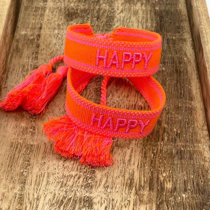 KI-generiertes Bild,Canvas Statement Armband Happy Neon Orange Pink Quasten besticktes Webarmband