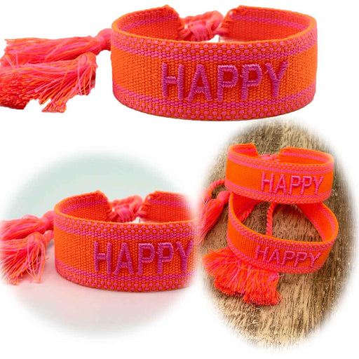 KI-generiertes Bild Canvas Statement Armband Happy Neon Orange Pink Quasten besticktes Webarmband