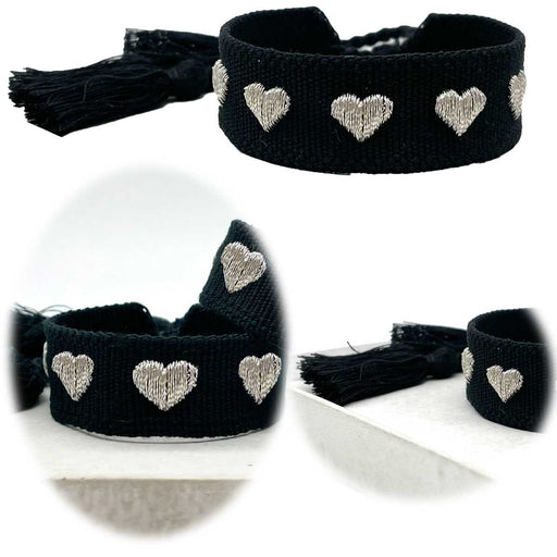 KI-generiertes Bild Canvas Statement Armband Herzen ❤️ Schwarz Silber Quasten besticktes Webarmband
