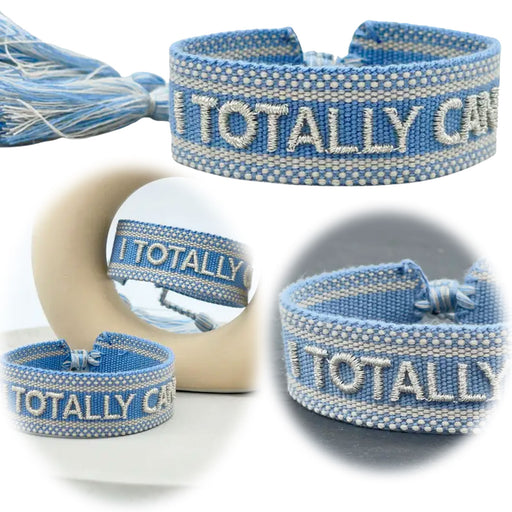 KI-generiertes Bild Canvas Statement Armband Totally Can Blau Silber Quasten besticktes Webarmband