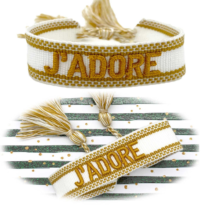 KI-generiertes Bild Canvas Statement Armband J'ADORE Gold Quasten besticktes Webarmband