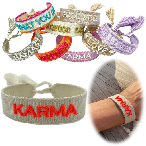 KI-generiertes Bild Canvas Statement Armband Karma Beige Neon Quasten besticktes Webarmband