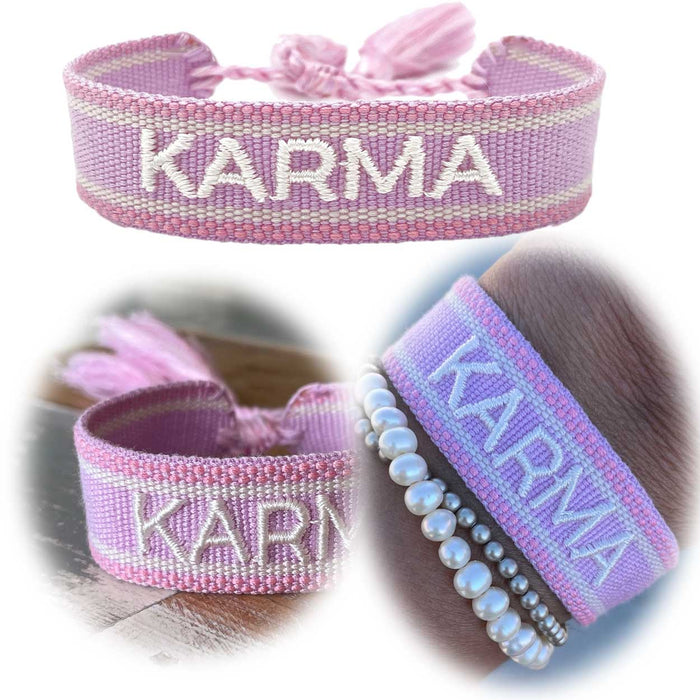KI-generiertes Bild Canvas Statement Armband Karma Lila Flieder Quasten besticktes Webarmband