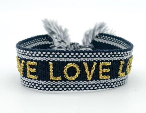 KI-generiertes Bild,Canvas Statement Armband LOVE Blau Gold Quasten besticktes Webarmband