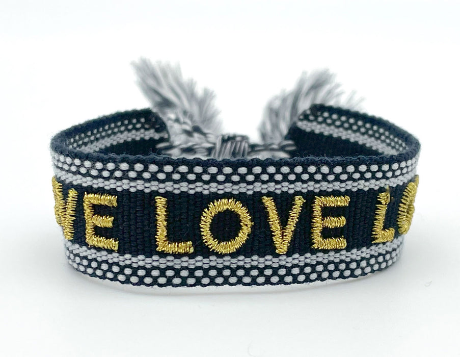 KI-generiertes Bild,Canvas Statement Armband LOVE Blau Gold Quasten besticktes Webarmband