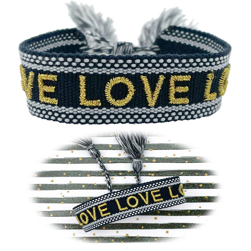 KI-generiertes Bild Canvas Statement Armband LOVE Blau Gold Quasten besticktes Webarmband
