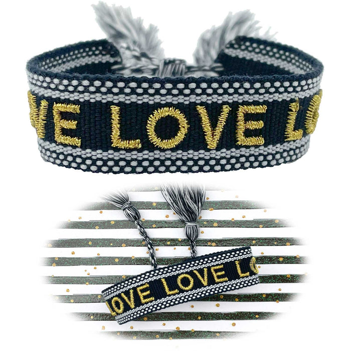 KI-generiertes Bild Canvas Statement Armband LOVE Blau Gold Quasten besticktes Webarmband