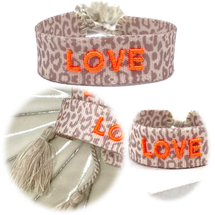 KI-generiertes Bild Canvas Statement Armband Love Leo Leopard Neon Orange Quasten besticktes Webarmband