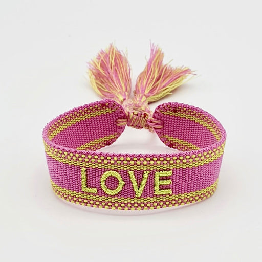 KI-generiertes Bild,Canvas Statement Armband Love Lila Grün Quasten besticktes Webarmband