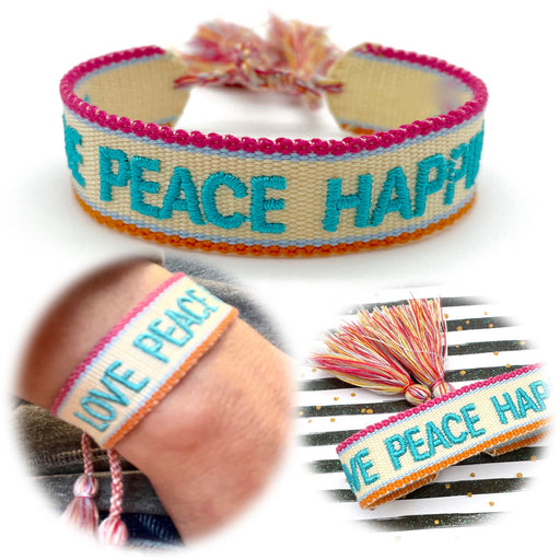 KI-generiertes Bild Canvas Statement Armband Love Peace Happiness Quasten besticktes Webarmband