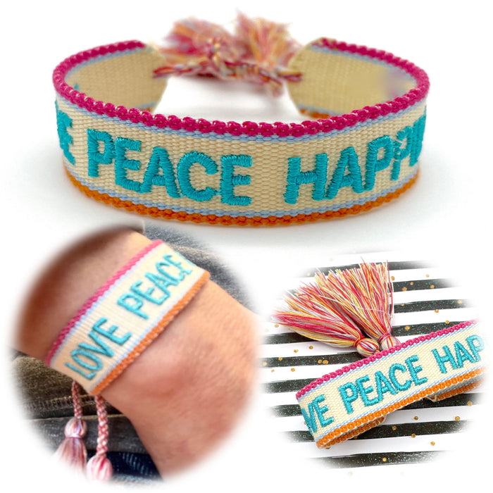 KI-generiertes Bild Canvas Statement Armband Love Peace Happiness Quasten besticktes Webarmband