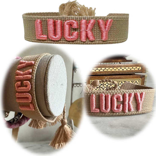 KI-generiertes Bild Canvas Statement Armband Lucky Beige Rosa Quasten besticktes Webarmband