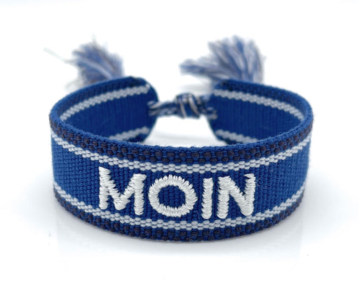 KI-generiertes Bild,Canvas Statement Armband Moin Blau Weiß Quasten besticktes Webarmband