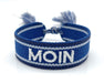 KI-generiertes Bild,Canvas Statement Armband Moin Blau Weiß Quasten besticktes Webarmband