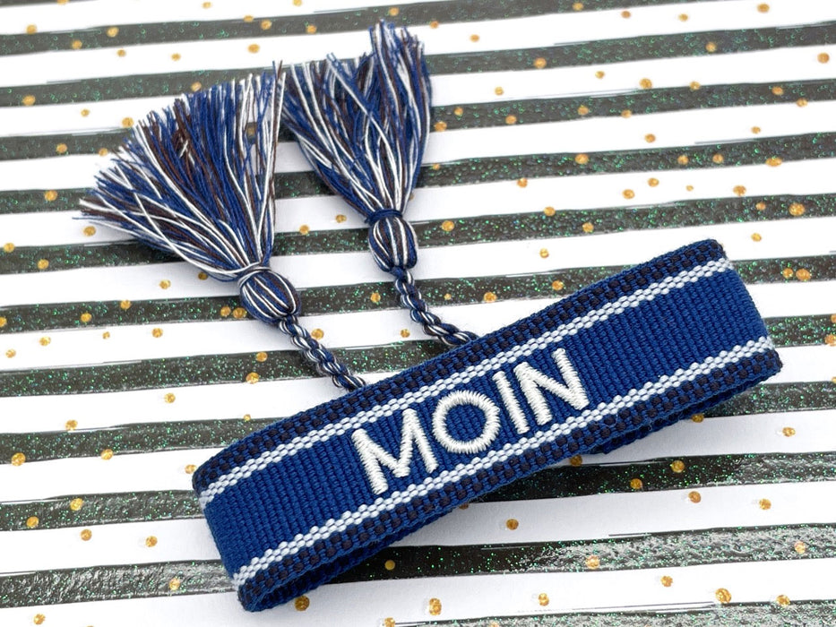 KI-generiertes Bild,Canvas Statement Armband Moin Blau Weiß Quasten besticktes Webarmband