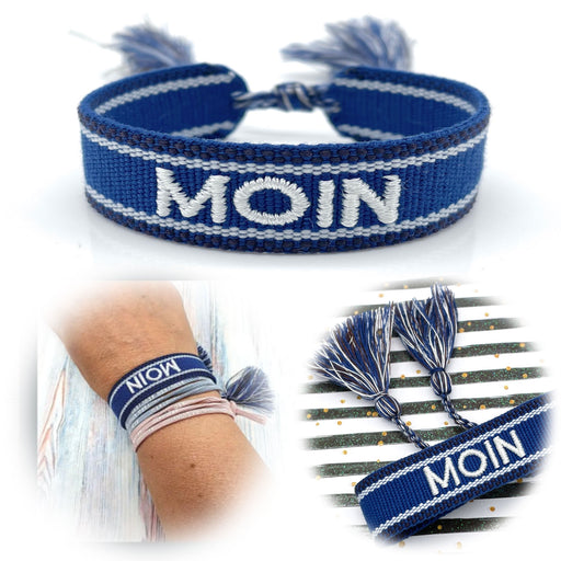 KI-generiertes Bild Canvas Statement Armband Moin Blau Weiß Quasten besticktes Webarmband