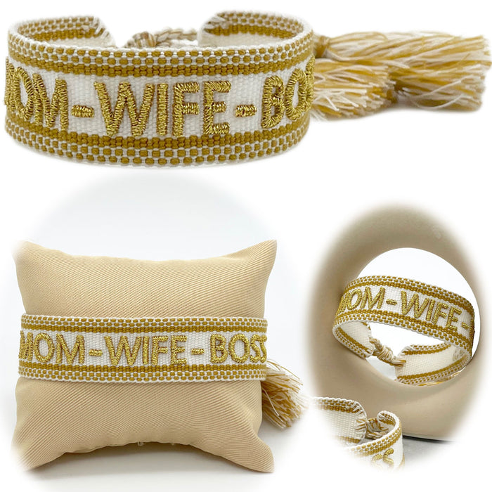 KI-generiertes Bild Canvas Statement Armband Mom Wife Boss Creme Gold Quasten besticktes Webarmband
