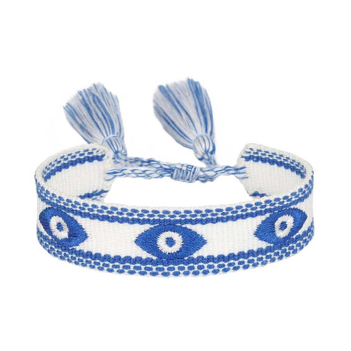 KI-generiertes Bild,Canvas Statement Armband Nazar Boncuk Weiß Blau Quasten besticktes Webarmband