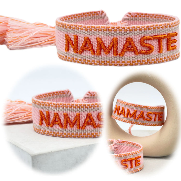 KI-generiertes Bild Canvas Statement Armband Namaste Rosa Orange Quasten besticktes Webarmband