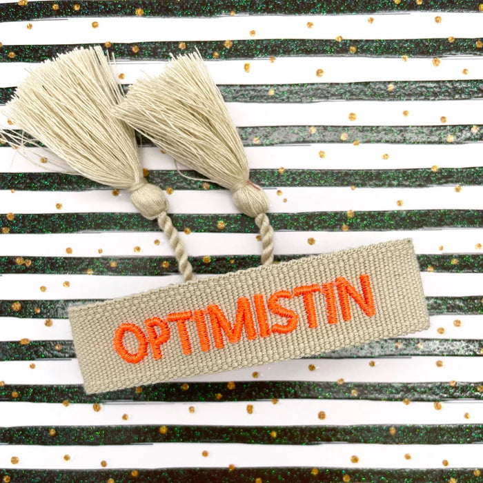 KI-generiertes Bild,Canvas Statement Armband Optimistin Beige Quasten besticktes Webarmband