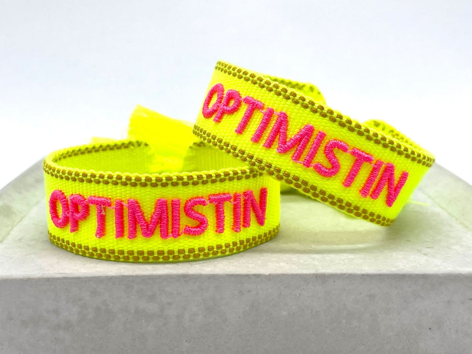 KI-generiertes Bild,Canvas Statement Armband Optimistin Neon Gelb Pink Quasten besticktes Webarmband