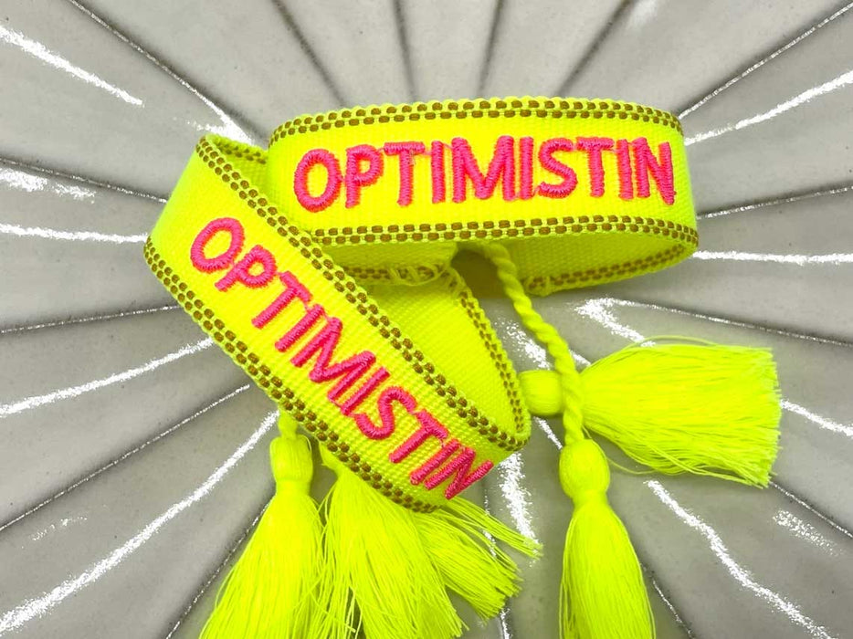 KI-generiertes Bild,Canvas Statement Armband Optimistin Neon Gelb Pink Quasten besticktes Webarmband